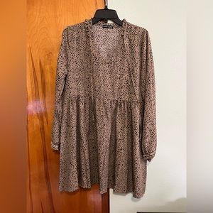 Tan/Black Dalmatian Print Tie Neck Smock Dress - Size M